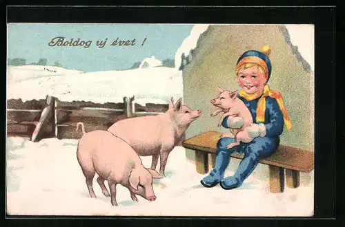 Künstler-AK Knabe mit drei Schweinen im Winter