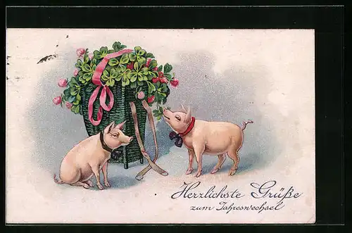 Künstler-AK Zwei Schweine mit Kleeblattkkorb - Neujahrsgruss