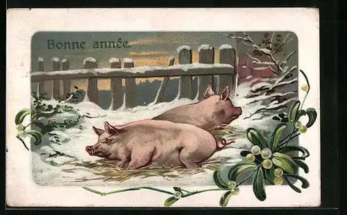 Präge-AK Zwei Schweine im Schnee - Neujahrsgruss