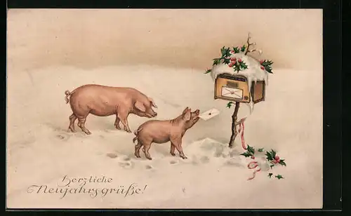 Künstler-AK Schweine bringen Brief zum Briefkasten - Neujahrsgruss