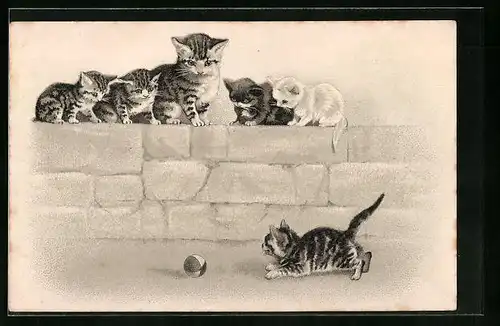 Präge-AK Katze und Kätzchen mit Ball