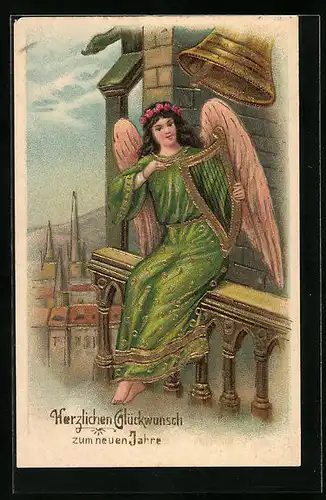 Präge-AK Neujahrsengel auf Glockenturm mit Harfe