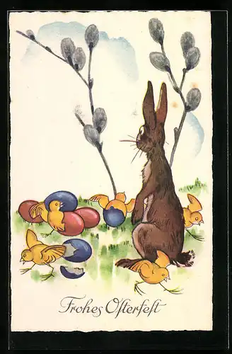 AK Osterhase beobachtet schlüpfende Osterküken