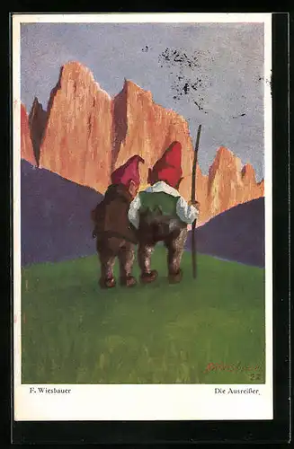 Künstler-AK Zwerge und Bergkette am Morgen