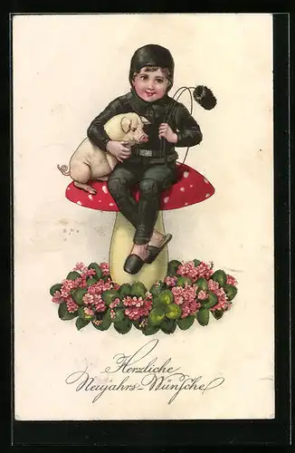 AK Kleiner Schornsteinfeger auf Fliegenpilz