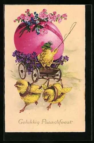 AK Osterküken-Gespann mit grossem Ei