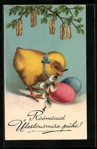 AK Osterküken mit Weidenkätzchen