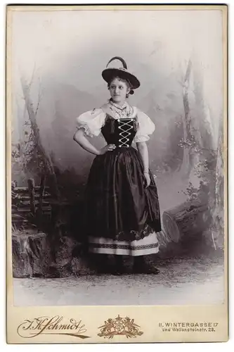 Fotografie J. K. Schmidt, Wien, Wintergasse 17, Heranwachsendes Mädchen im prächtigen Trachtenkleid