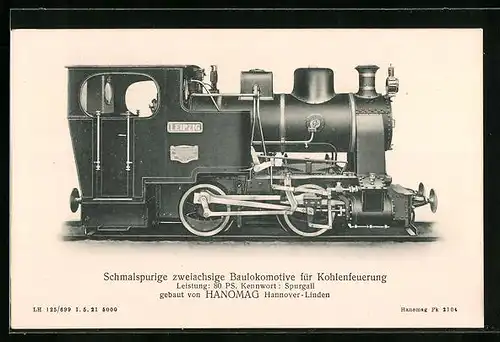 AK Schmalspurige zweiachsige Baulokomotive für Kohlenfeuerung von HANOMAG
