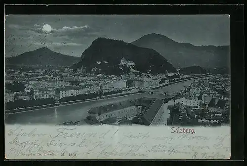 Mondschein-Lithographie Salzburg, Flussabschnitt mit Ortsansicht