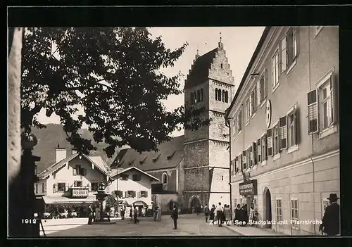 AK Zell am See, Stadtplatz mit Pfarrkirche und Cafe