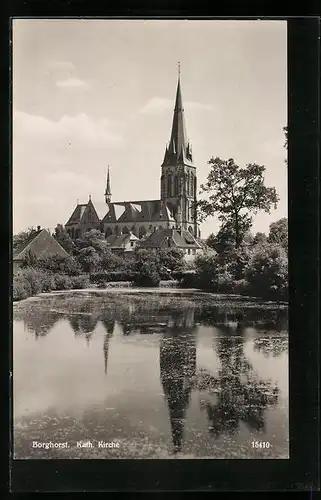 AK Borghorst, Weiher mit Blick auf Kath. Kirche