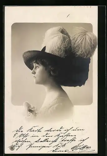 Foto-AK NPG Nr. 1602: Dame mit Federhut im Profil