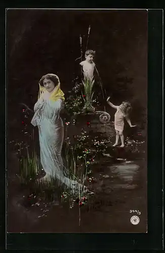 Foto-AK NPG Nr. 344 /3: Dame und Kind mit Springbrunnen