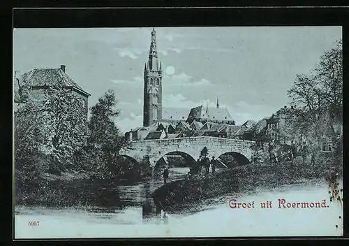Mondschein-AK Roermond, Flusspartie mit Kirche