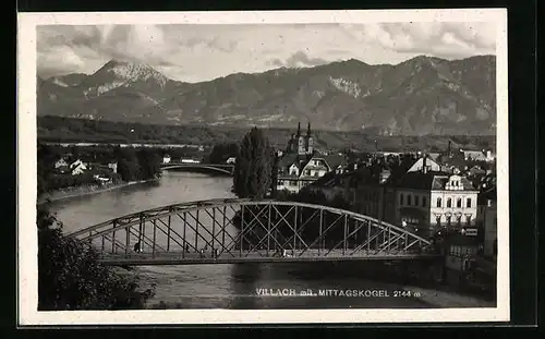 AK Villach, Flussbrücke mit Blick auf den Mittagskogel