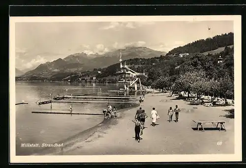 AK Milstatt, Strandbad mit Sprungbrettern und Promenade