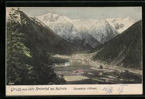 AK Mallnitz, Blick aus dem Hintertal auf verschneite Berge