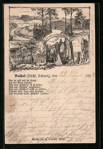 Vorläufer-Lithographie Ganzsache PP9F218/010: Bastei /Sächs. Schweiz, 1892, Gasthaus, Blick über die Elbe ins Land