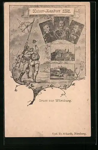 AK Ganzsache Bayern PP7C17 /03: Würzburg, Kaisermanöver 1897, Kaiser Wilhelm I. und II., Soldaten in Uniform