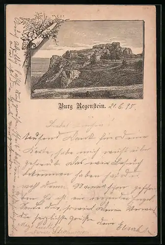 Vorläufer-Lithographie Blankenburg /Harz, 1895, Darstellung der Ruine Regenstein