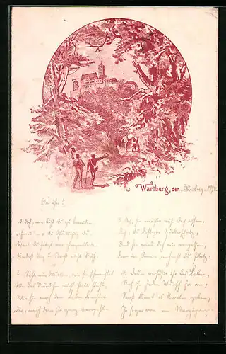 Vorläufer-Lithographie Eisenach, 1894, Wanderer geniessen einen Panoramablick auf die Wartburg