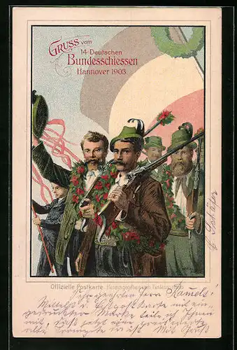 AK Ganzsache PP27C17: Hannover, 14. Deutsches Bundesschiessen 1903, Schützenausmarsch