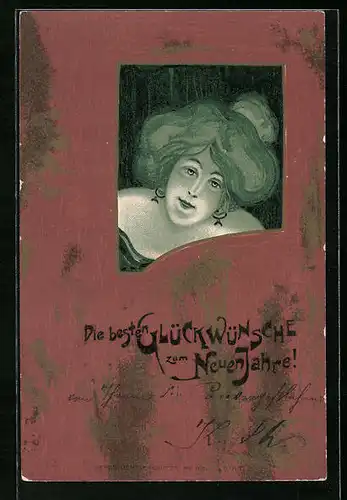 Lithographie Dame mit Ohrringen, Jugendstil