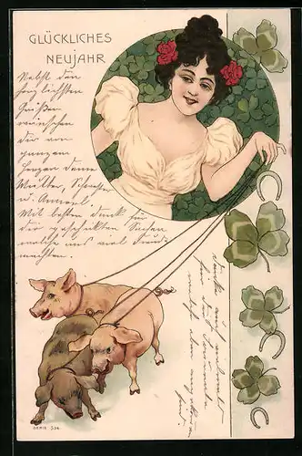 Lithographie Dame mit Schweinen an der Leine, Jugendstil