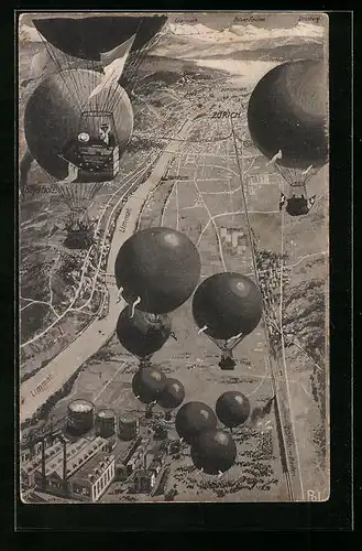Künstler-AK Zürich-Schlieren, Gordon-Bennett-Wettfliegen 1909, Ballon über Limmat