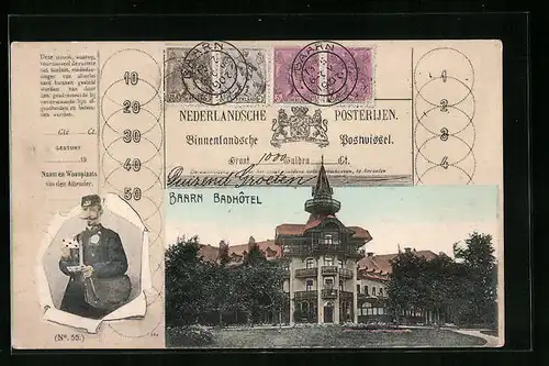 AK Baarn, Badhotel, Briefträger, Niederländische Briefmarken