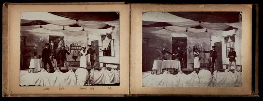 Fotoalbum mit 15 Fotografien Ansicht Wien, k.k. Landwehr-Kadetten-Schule 1902, Travestie Knaben in Frauenkleidern 1