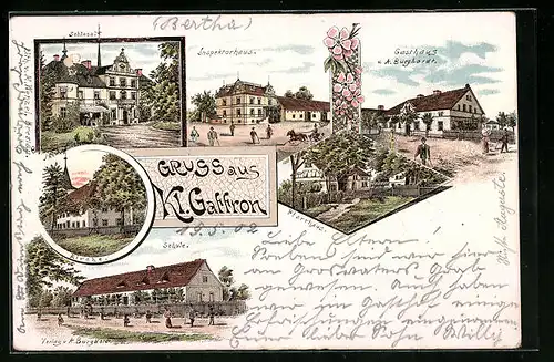Lithographie Kl. Gaffron, Gasthaus v. A. Burghardt, Schloss, Inspektorhaus, Schule und Kirche