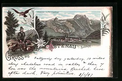 Lithographie Abtenau, Gesamtansicht mit Tennengebirge, Jäger mit erlegter Gämse, Adler und Jagdhund