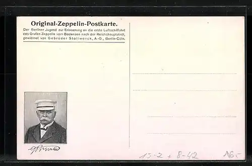 Künstler-AK Original-Zeppelin-Postkarte Nr. 2: Zeppelin über Basel, Stollwerck-Verlag