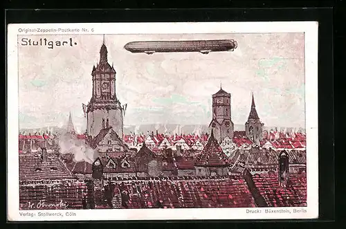 Künstler-AK Original-Zeppelin-Postkarte Nr. 6: Zeppelin über Stuttgart, Stollwerck-Verlag