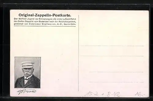 Künstler-AK Original-Zeppelin-Postkarte Nr. 6: Zeppelin über Stuttgart, Stollwerck-Verlag