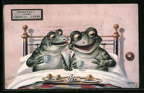 Künstler-AK sign. Ellam: Frösche beim Frühstück im Bett