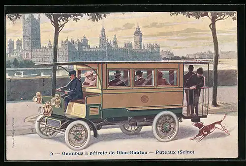 Künstler-AK Puteaux, Omnibus à pétrole de Dion-Bouton, Lastkraftwagen