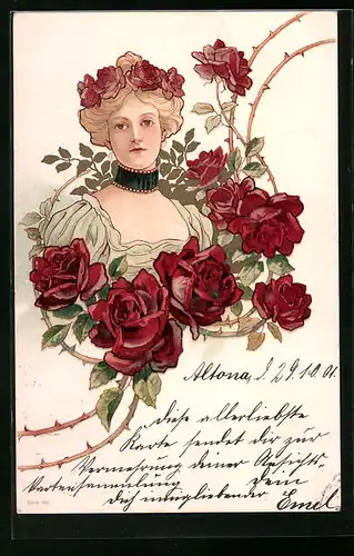 Lithographie Jugendstilmotiv Junge Frau mit roten Rosen