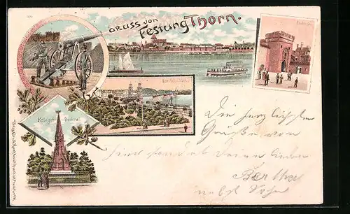 Lithographie Thorn, Kriegerdenkmal, Brückenthor, Eisenbahnbrücke, Dampfer