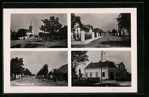 AK Parndorf, Gasthaus von Franz Illenschitz, Strassenpartie mit Kirche