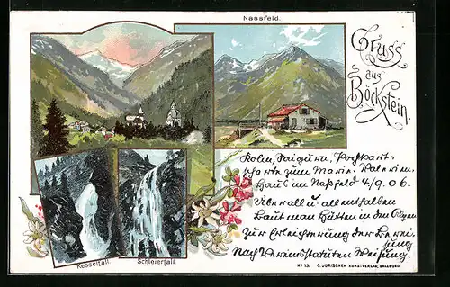 Lithographie Böckstein, Ortsansicht, Nassfeld, Kesselfall, Schleierfall