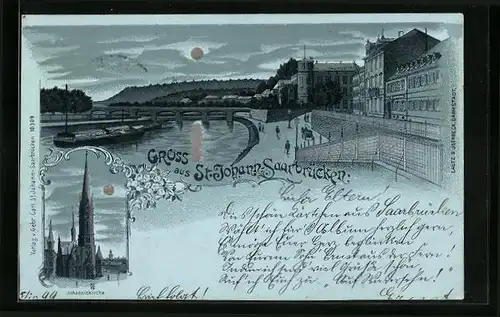 Mondschein-Lithographie Saarbrücken-St. Johann, Flusspartie mit Brücke und Johanniskirche bei Vollmondnacht