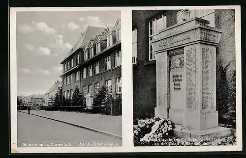 AK Griesheim /Darmstadt, Schule und Denkmal für die WK II Kriegsopfer
