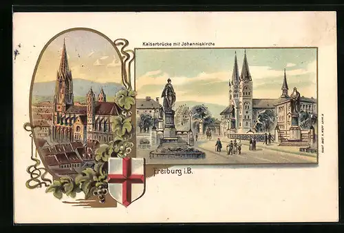 Lithographie Freiburg /B., Kaiserbrücke und Johanniskirche