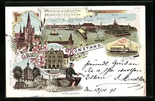 Lithographie Konstanz, Panorama mit Hafen und Münster, Rathaus, Fischer