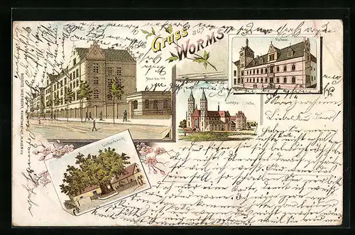 Lithographie Worms, Neue Kaserne, Rathaus, Lutherbaum