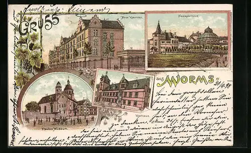 Lithographie Worms, Festspielhaus, Paulus Museum, Rathaus