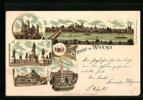Lithographie Worms, Panorama, Dom, Wappen